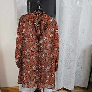 Simply Be Floral Long Sleeve Dress - Orange and Black